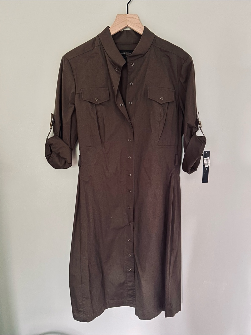 Tahari Olive Green Button-Front Midi Shirt Dress - Picture 2 of 7